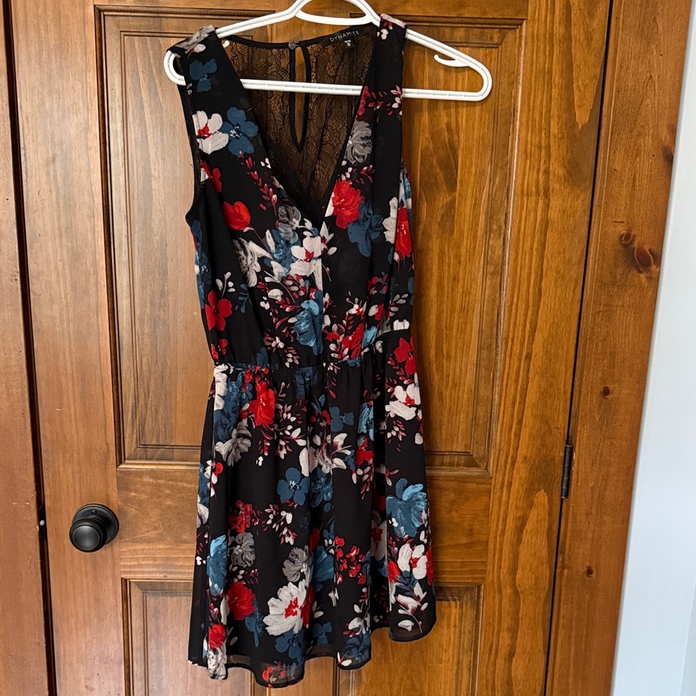 Dynamite Black Mini Dress with Red, Blue & Cream Floral Print